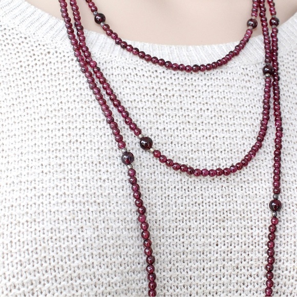 Estate Indian Garnet Beaded Necklace Sterling Silver Bead Extra Long 80” Strand - Picture 4 of 7
